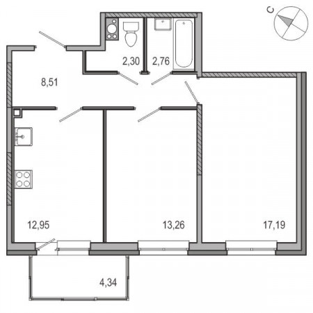 Двухкомнатная квартира 56.97 м²