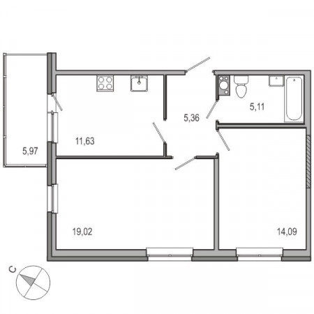 Двухкомнатная квартира 55.21 м²