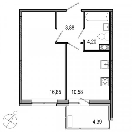 Однокомнатная квартира 35.51 м²