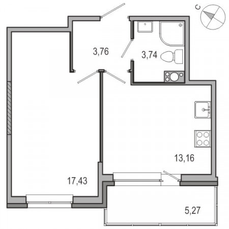 Однокомнатная квартира 38.09 м²