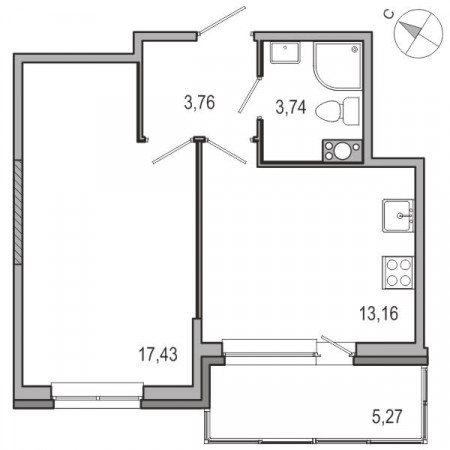 Однокомнатная квартира 38.09 м²