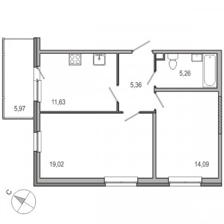 Двухкомнатная квартира 55.36 м²