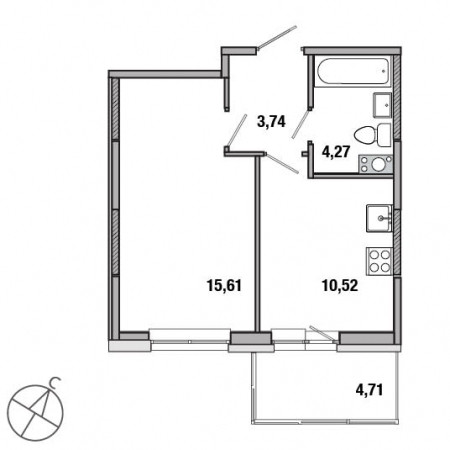 Однокомнатная квартира 34.14 м²