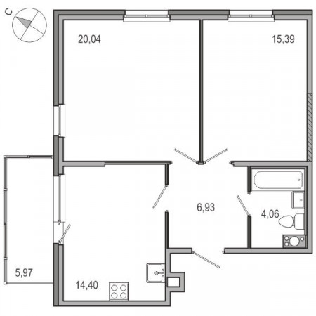 Двухкомнатная квартира 60.82 м²