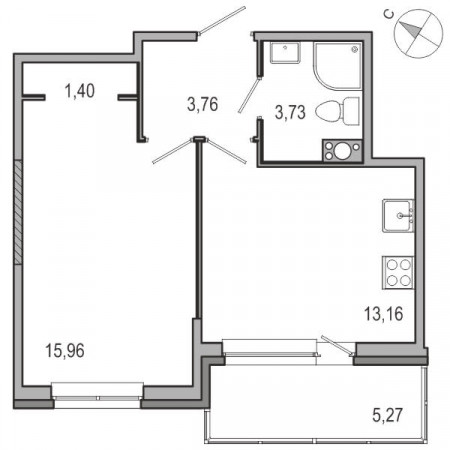 Однокомнатная квартира 38.01 м²