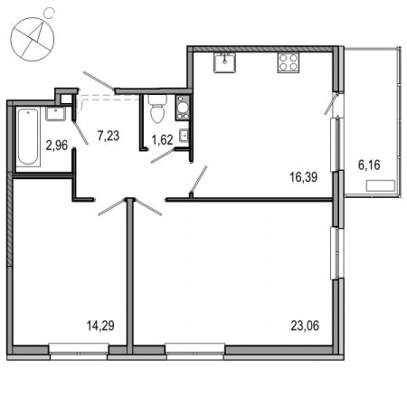 Двухкомнатная квартира 65.55 м²